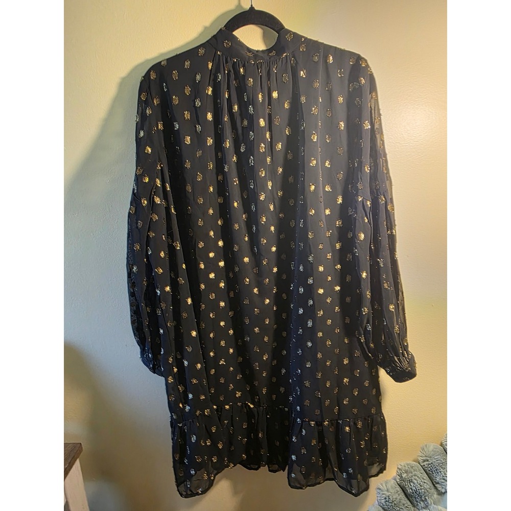 Crown & Ivy Womens 2X Black Gold Metallic Clip Dot Tassel Ruffle Shift Dress - Picture 5 of 8